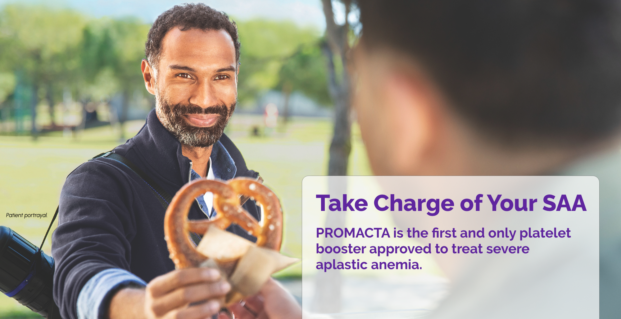 Man buying a pretzel with copy stating "Take Charge of Your SAA"